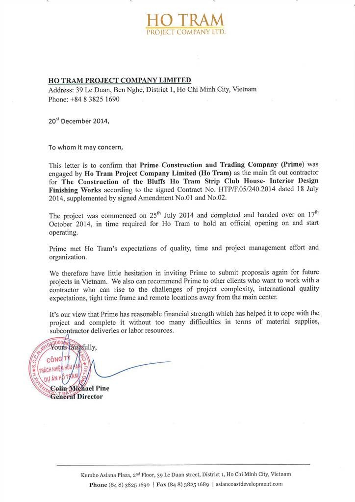 Ho Tram Project Company Ltd Letter